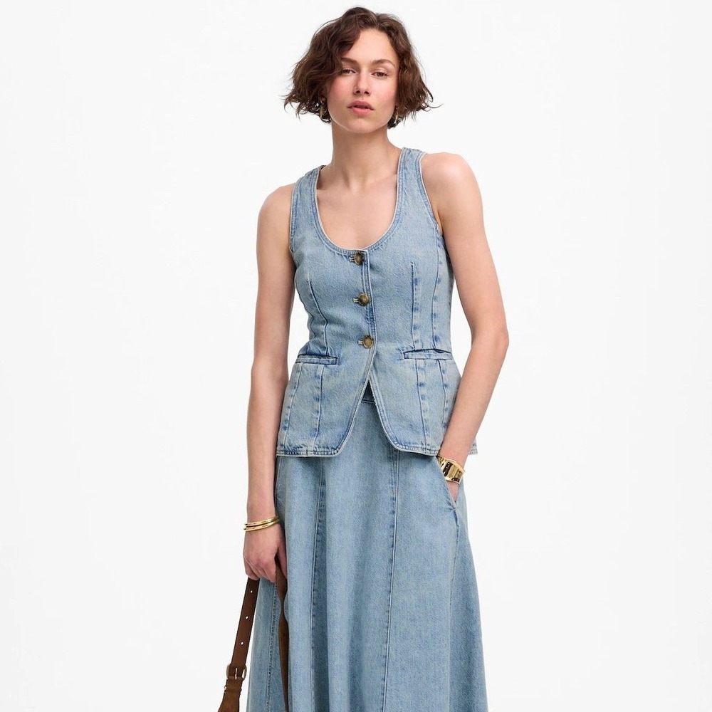 NEW Madewell Denim Scoopneck Cutaway Vest Sz 10 Edmonson Blue Button Up Stretch